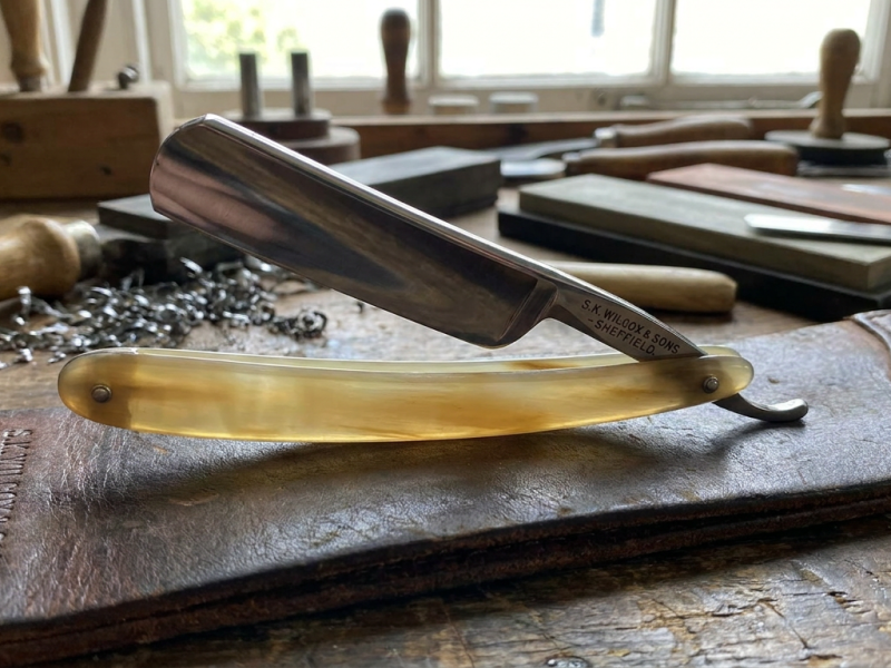 Dovo straight razor with horn scales lying on a leather strop