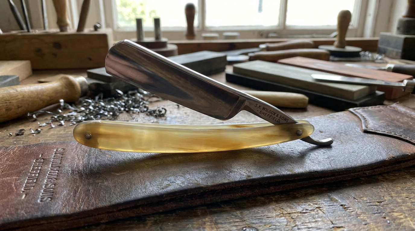 Dovo straight razor with horn scales lying on a leather strop