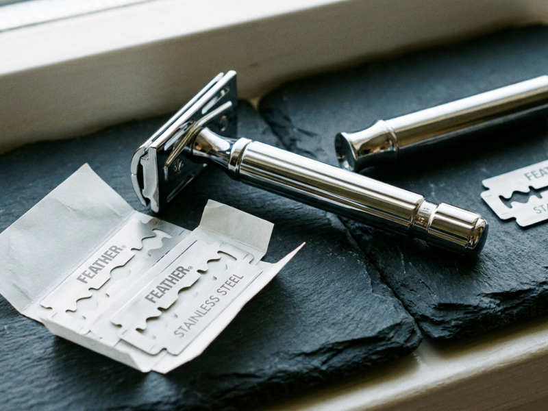 feather razor blades in wrappers beside a chrome safety razor