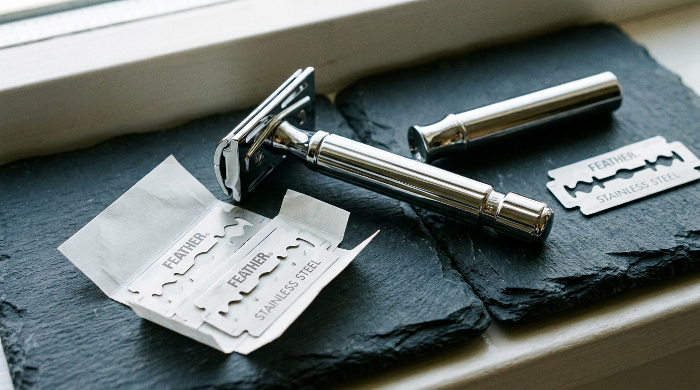 feather razor blades in wrappers beside a chrome safety razor