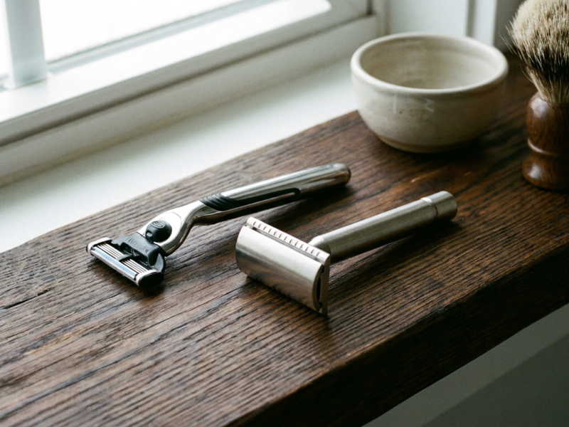 gillette razor blades - cartridge and double edge razors on a shelf