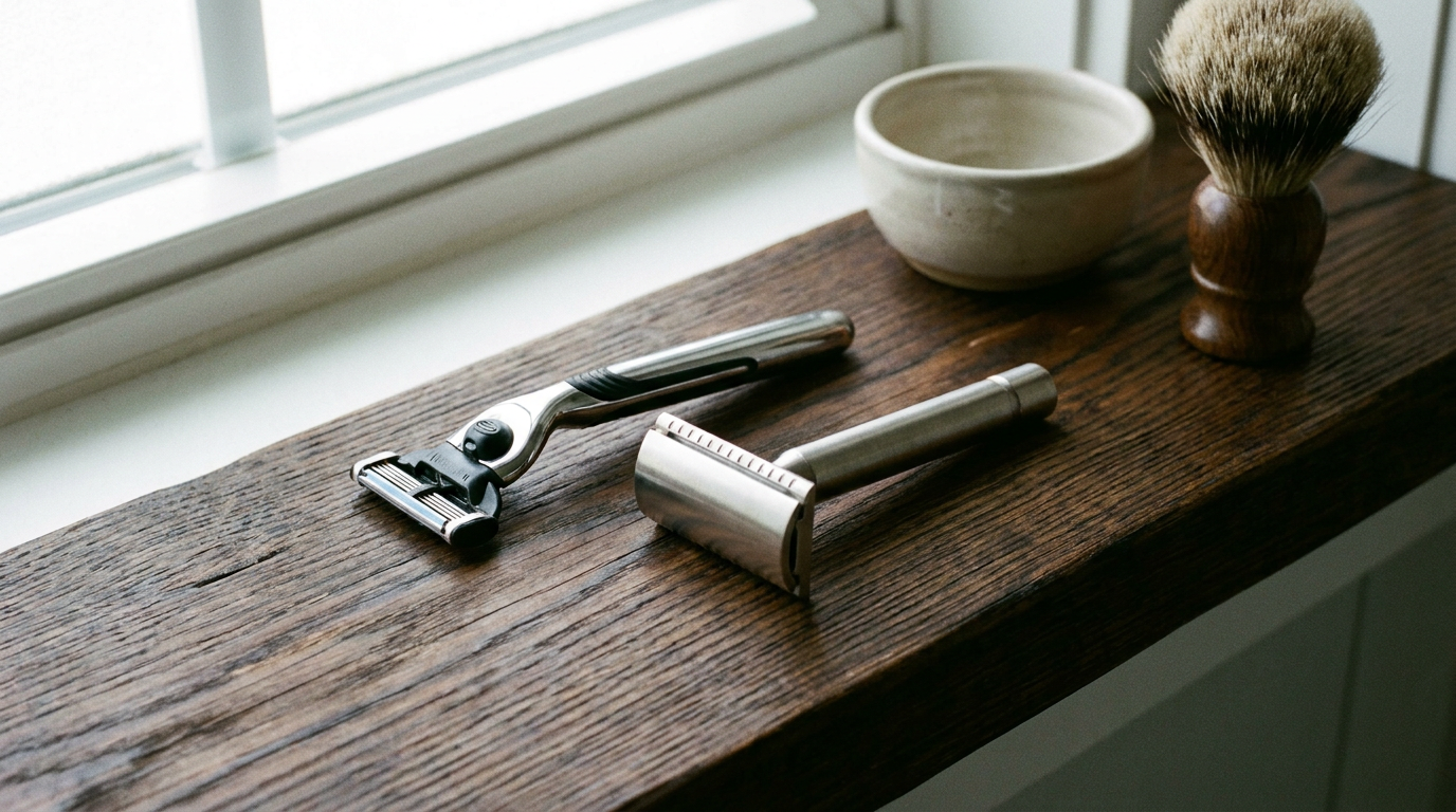 gillette razor blades - cartridge and double edge razors on a shelf