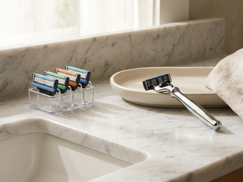 Harry's razor blades cartridges and handle on a bathroom counter