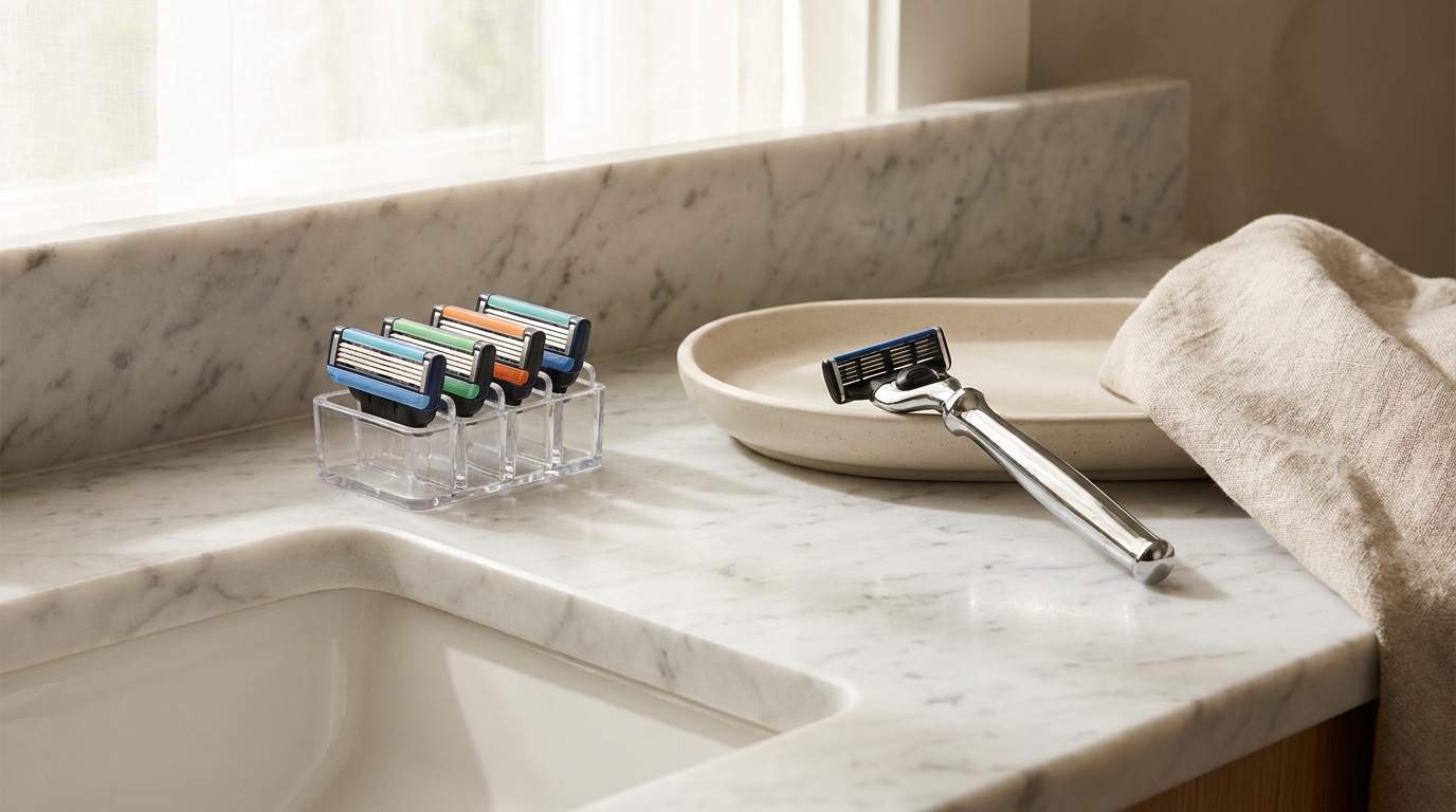 Harry's razor blades cartridges and handle on a bathroom counter