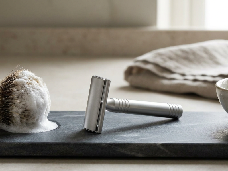 Henson AL13 aluminum safety razor with a double edge blade held steady in a precise metal clamp