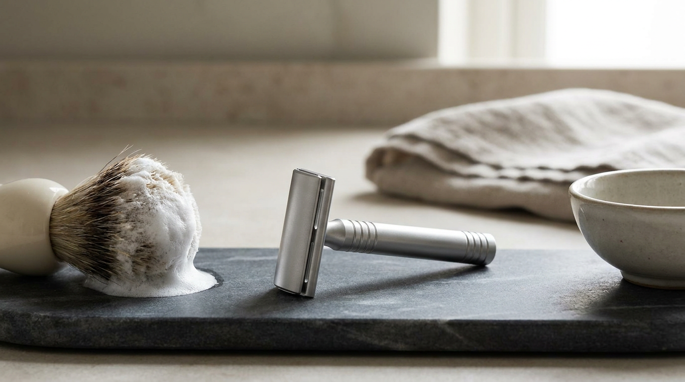 Henson AL13 aluminum safety razor with a double edge blade held steady in a precise metal clamp