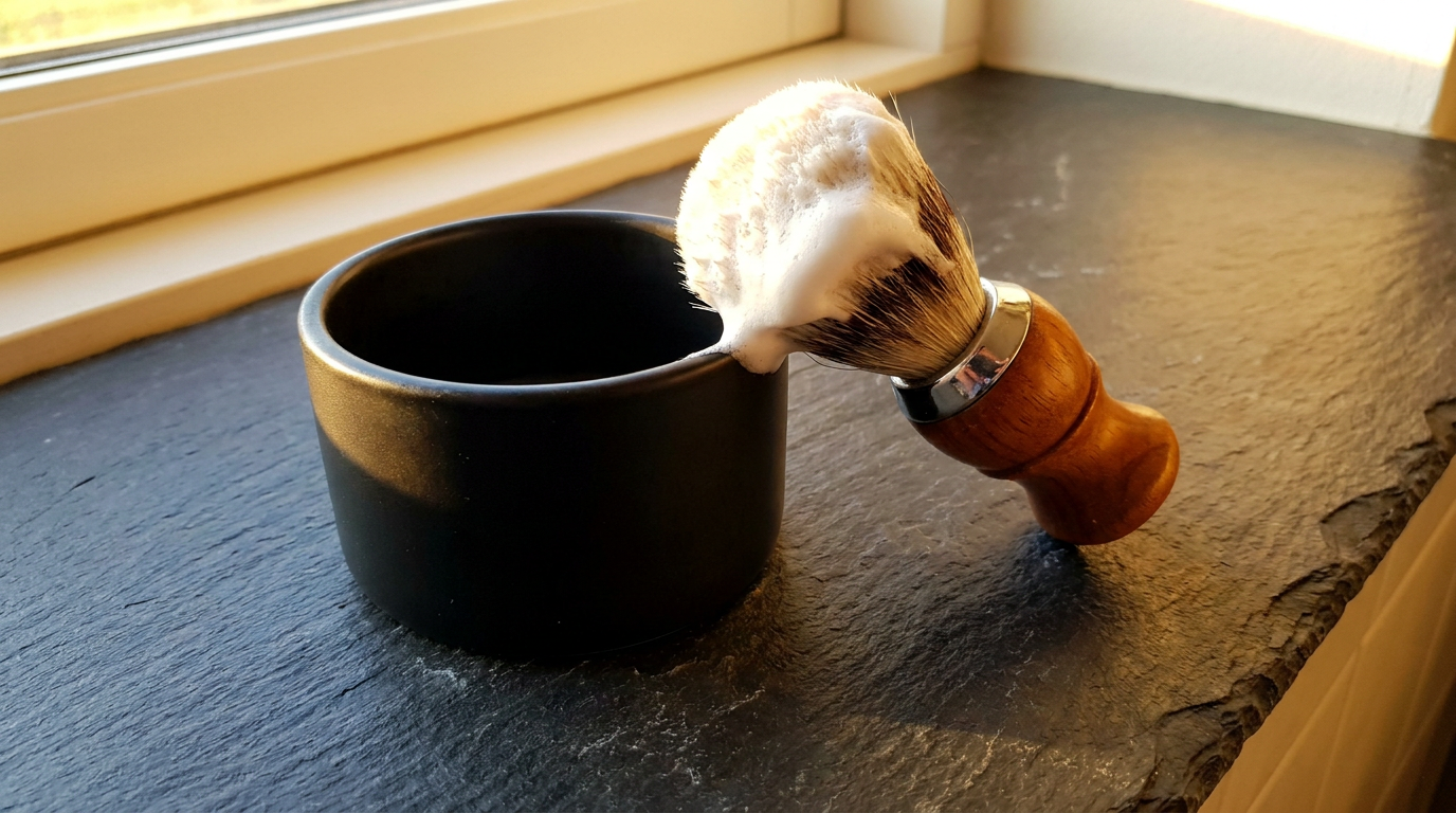 House of Mammoth soap review, a plain unmarked artisan shaving soap tub beside a badger brush loaded with thick white lather