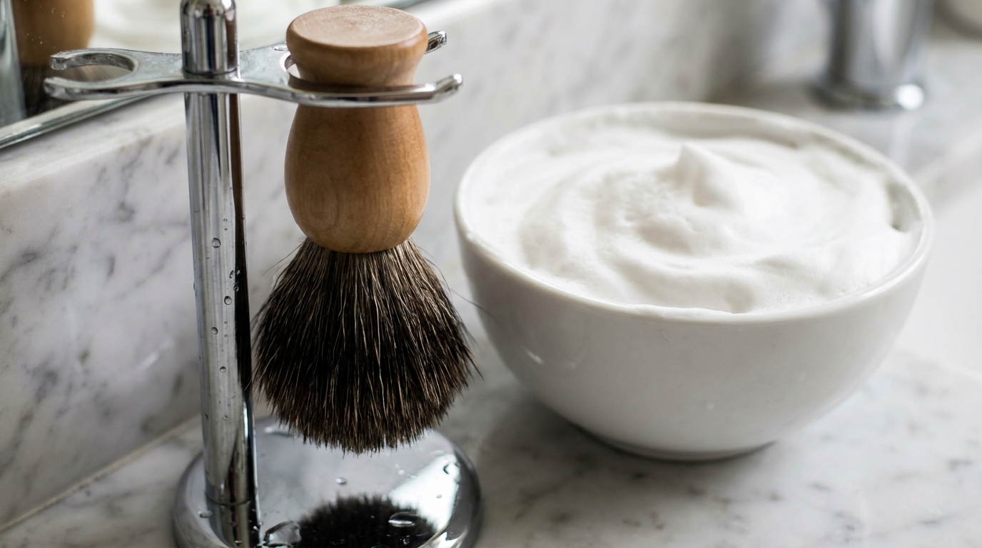 How to clean a shaving brush: wet badger brush hanging bristles down on a chrome stand beside a lather bowl