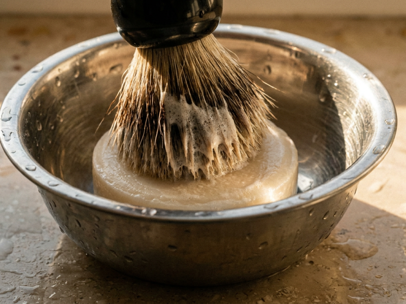 Badger shaving brush pressed into a plain round shaving soap puck in a steel bowl while loading lather