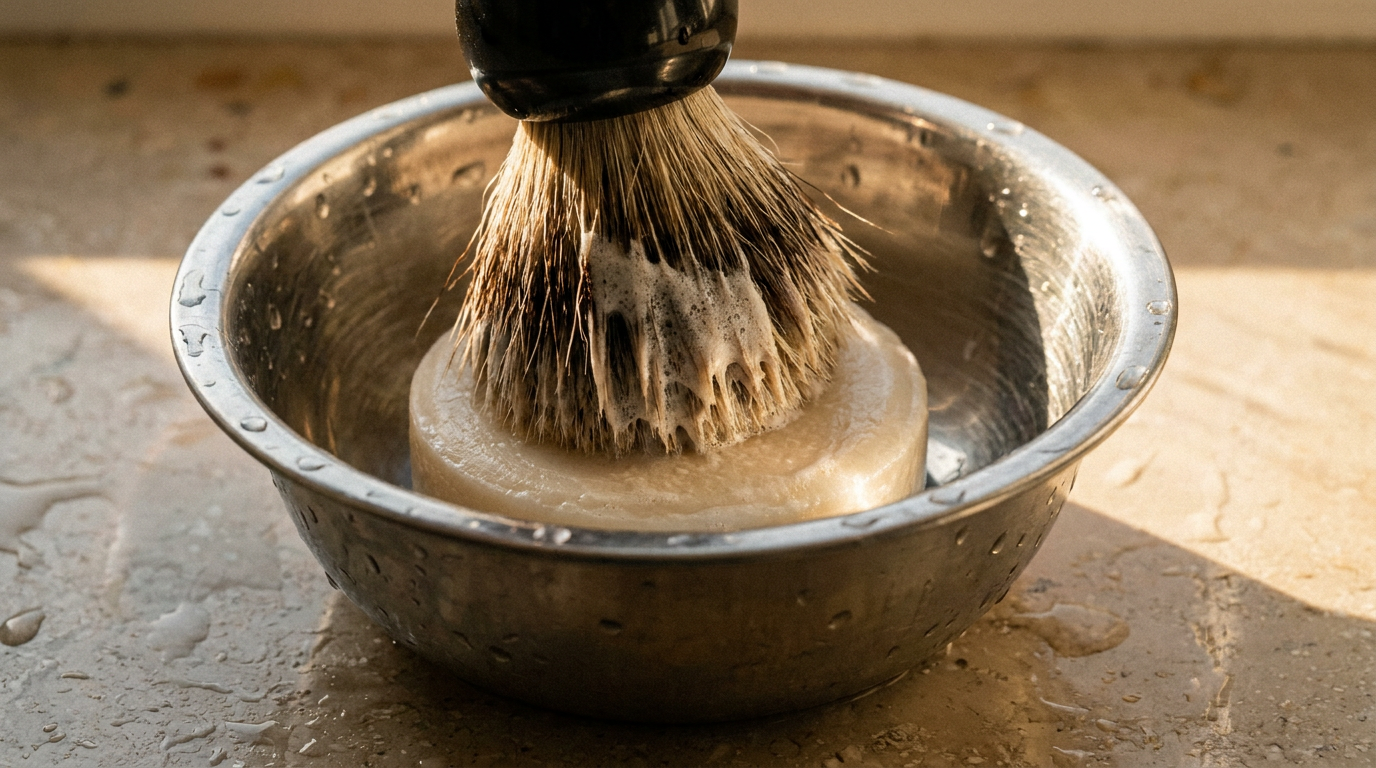 Badger shaving brush pressed into a plain round shaving soap puck in a steel bowl while loading lather