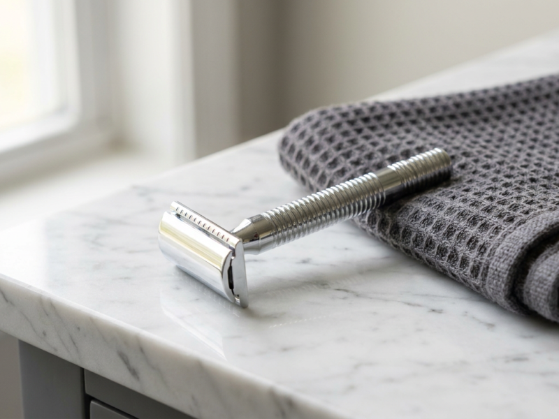 King C. Gillette safety razor with ridged chrome handle on a marble bathroom counter beside a folded towel