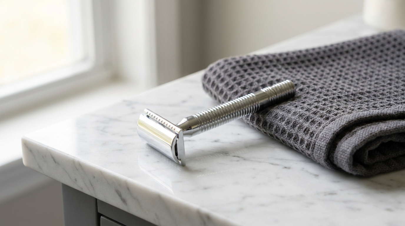 King C. Gillette safety razor with ridged chrome handle on a marble bathroom counter beside a folded towel
