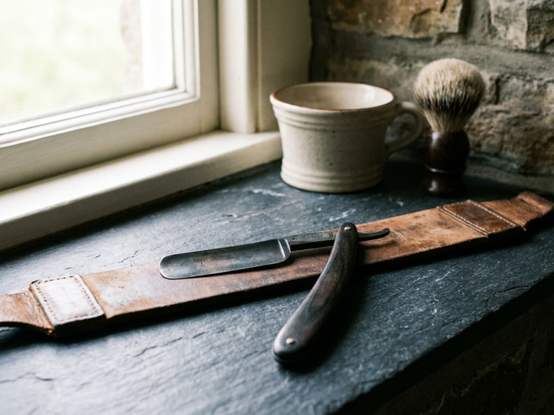 Mens straight razor resting on a leather strop
