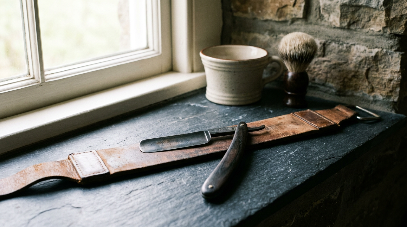Mens straight razor resting on a leather strop