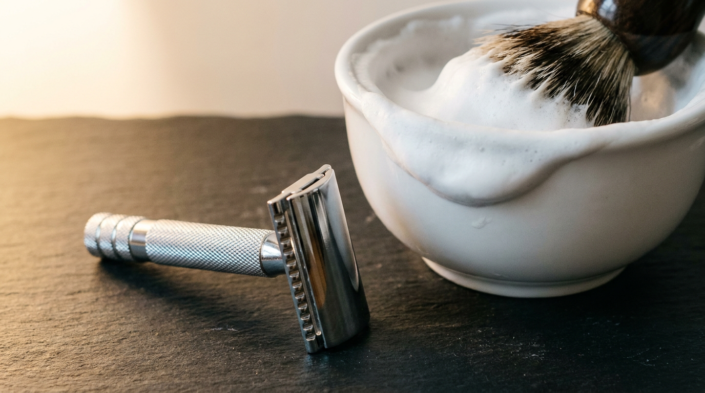 Merkur 34C safety razor with short knurled handle resting beside a lather bowl on slate