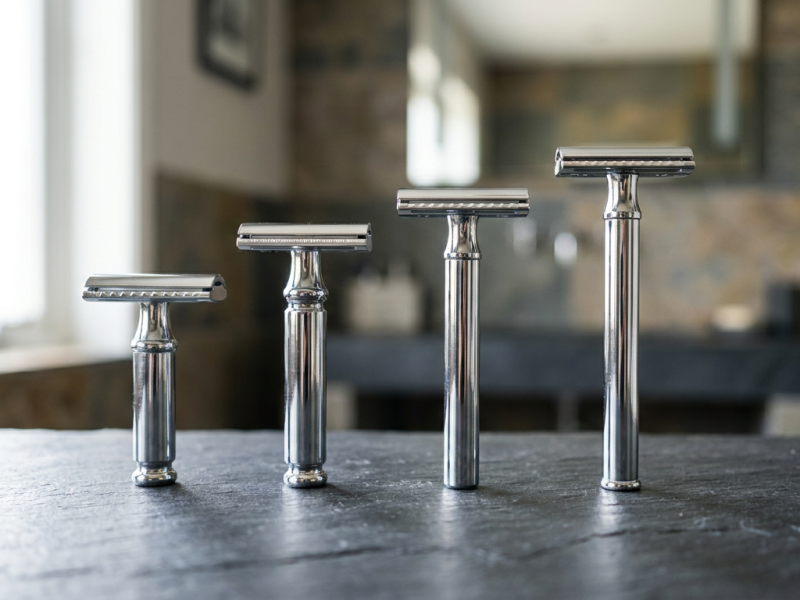 Merkur safety razor models lined up on a slate counter for comparison