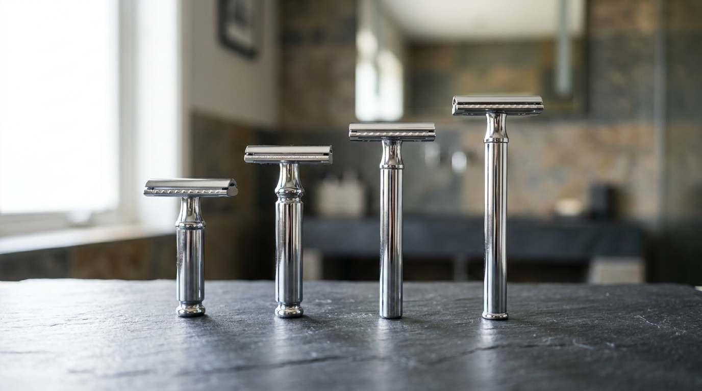 Merkur safety razor models lined up on a slate counter for comparison