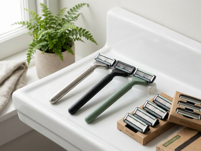 Schick cartridge razors and refill packs on a bathroom shelf