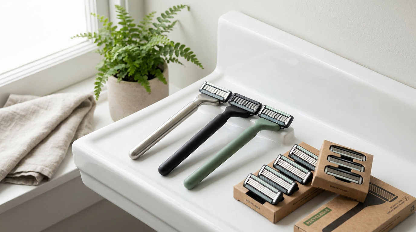 Schick cartridge razors and refill packs on a bathroom shelf