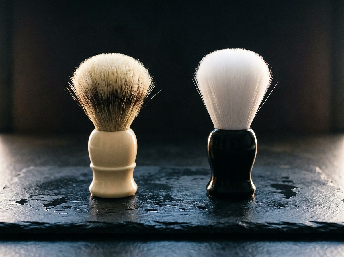 A badger shaving brush and a white synthetic brush standing side by side on slate