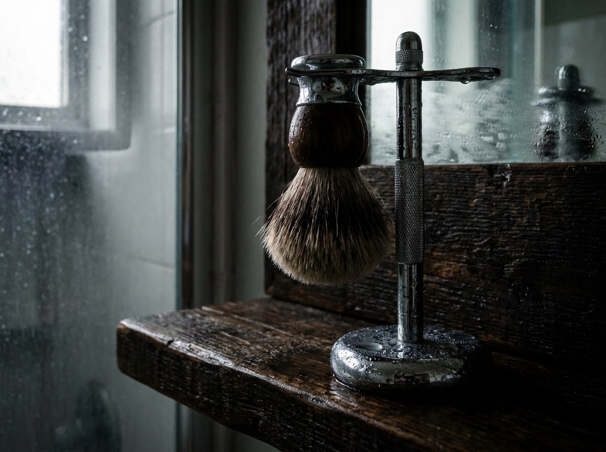 A shaving brush hanging bristles-down from a metal drying stand on a wooden shelf
