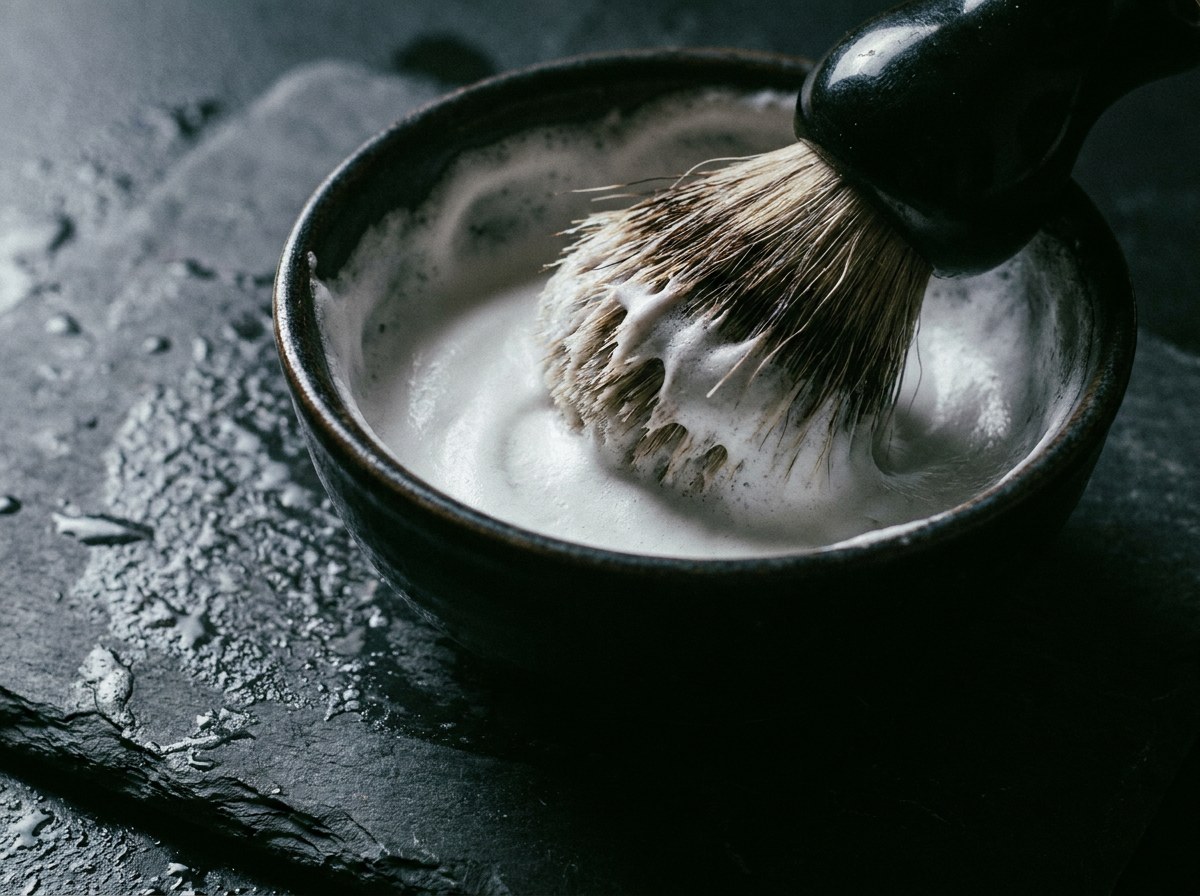 Badger shaving brush working lather in a dark ceramic bowl