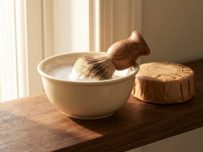 synthetic shaving brush and bowl set beside a puck of shaving soap