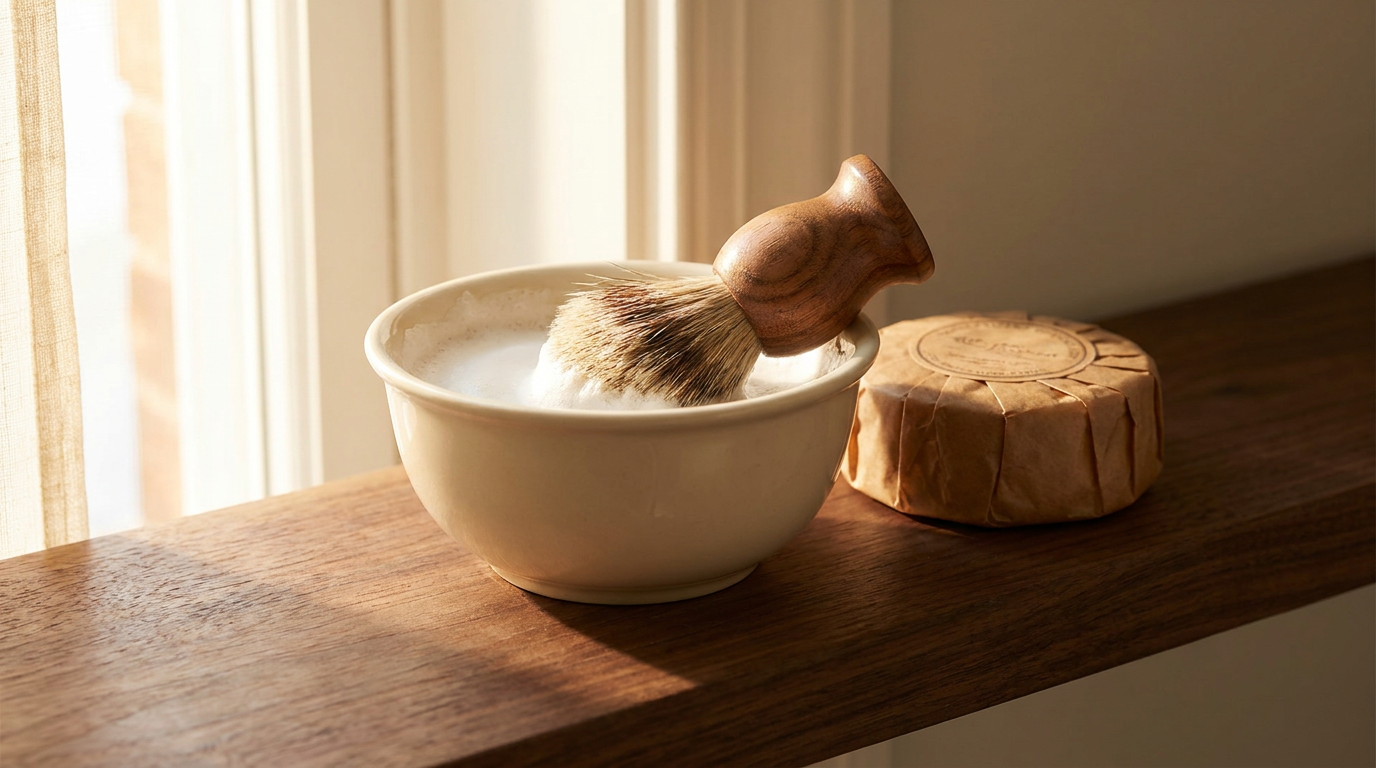 synthetic shaving brush and bowl set beside a puck of shaving soap