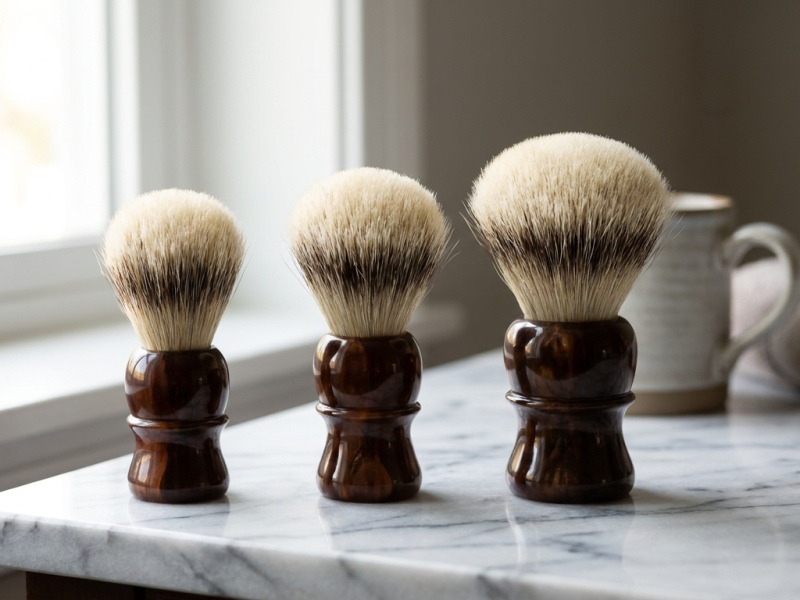 Shaving brush knot size comparison: three wet shaving brushes with 20mm, 24mm and 26mm knots standing side by side on a marble counter