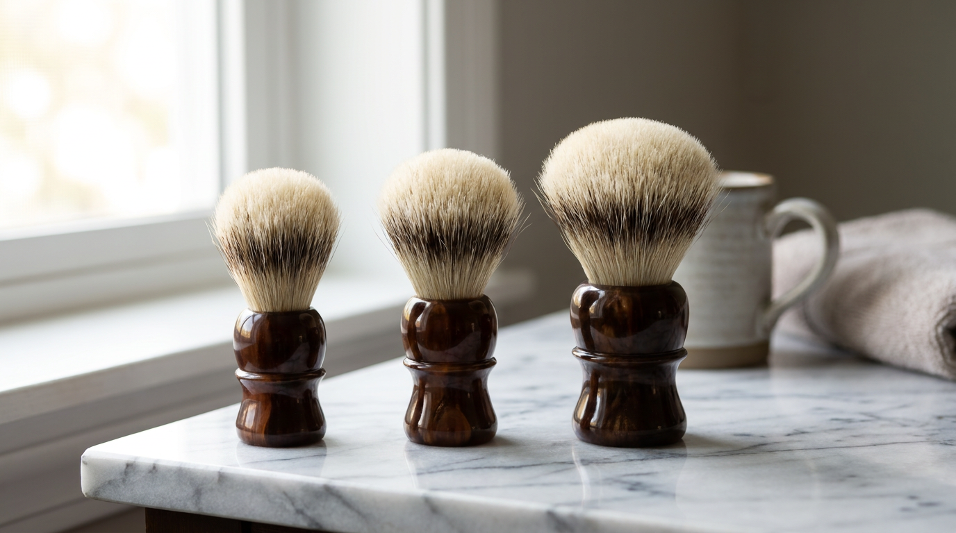 Shaving brush knot size comparison: three wet shaving brushes with 20mm, 24mm and 26mm knots standing side by side on a marble counter