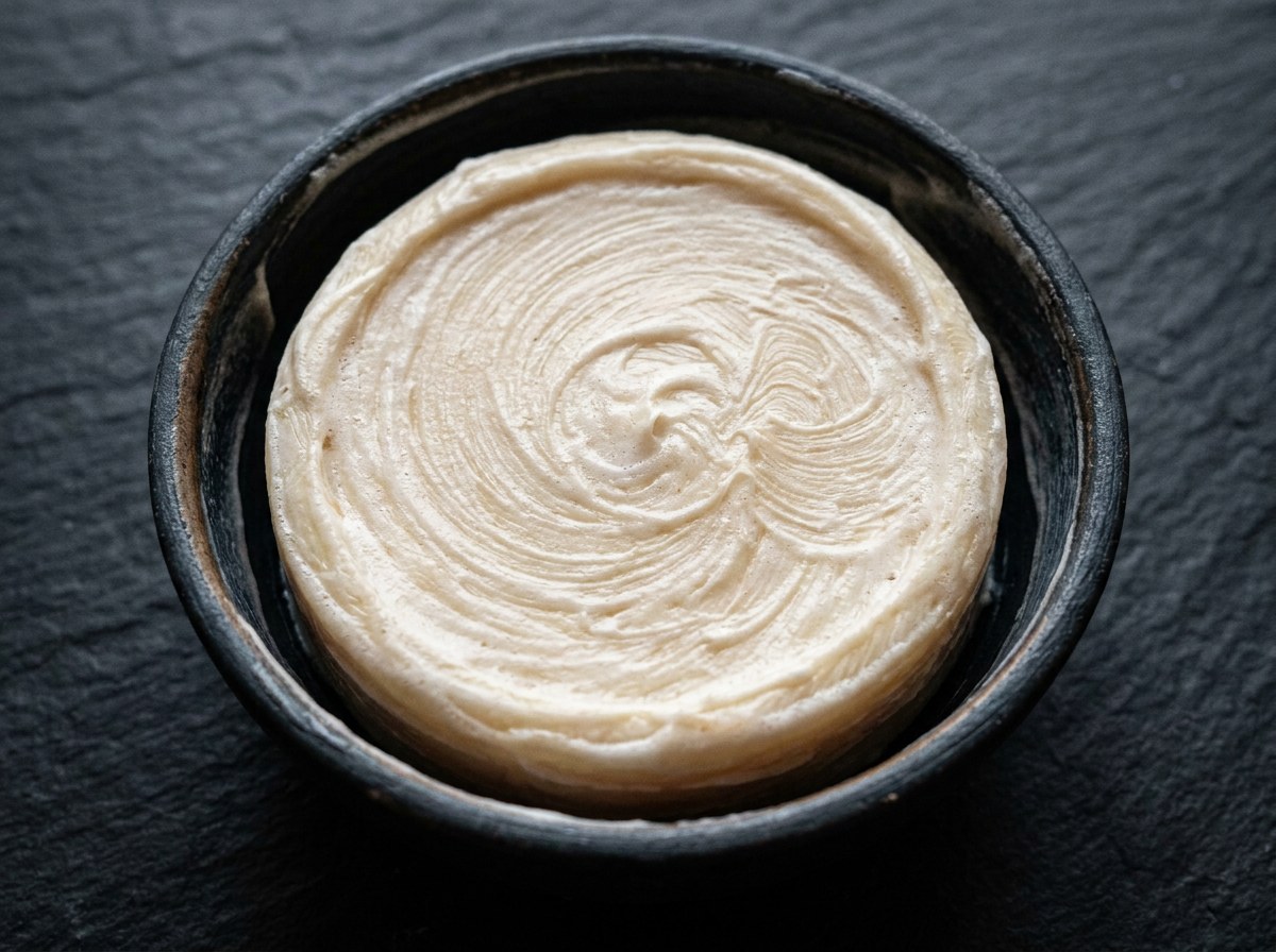 A swirled puck of shaving soap seated in a dark ceramic tub