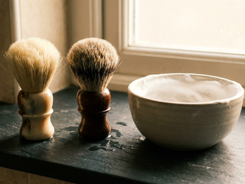 Silvertip vs two band badger brush comparison: two badger shaving brushes beside a bowl of white lather