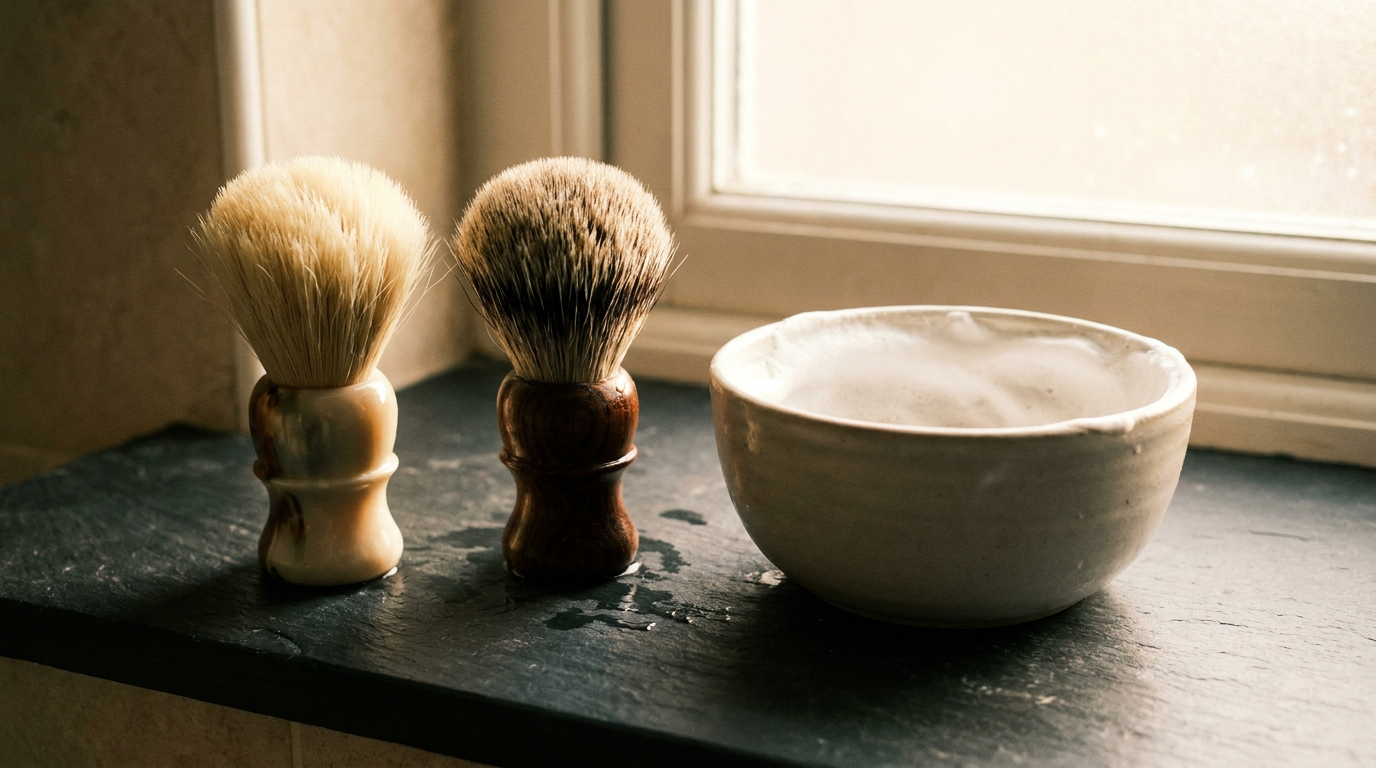 Silvertip vs two band badger brush comparison: two badger shaving brushes beside a bowl of white lather