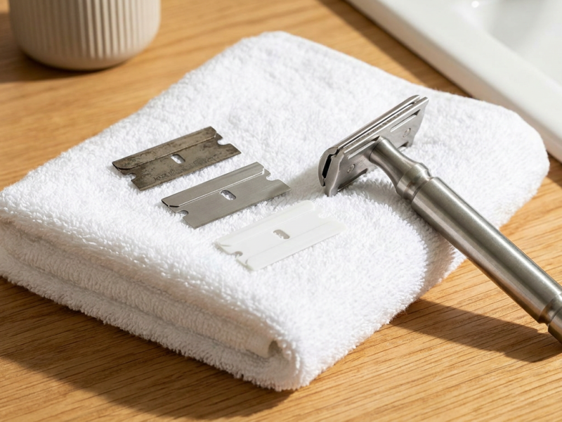 Single edge razor blades in GEM, injector, and Artist Club formats beside a metal razor