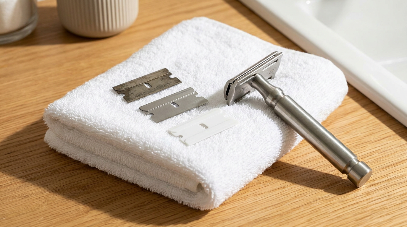 Single edge razor blades in GEM, injector, and Artist Club formats beside a metal razor