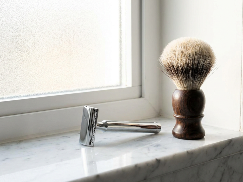 polished single edge safety razor beside a shaving brush
