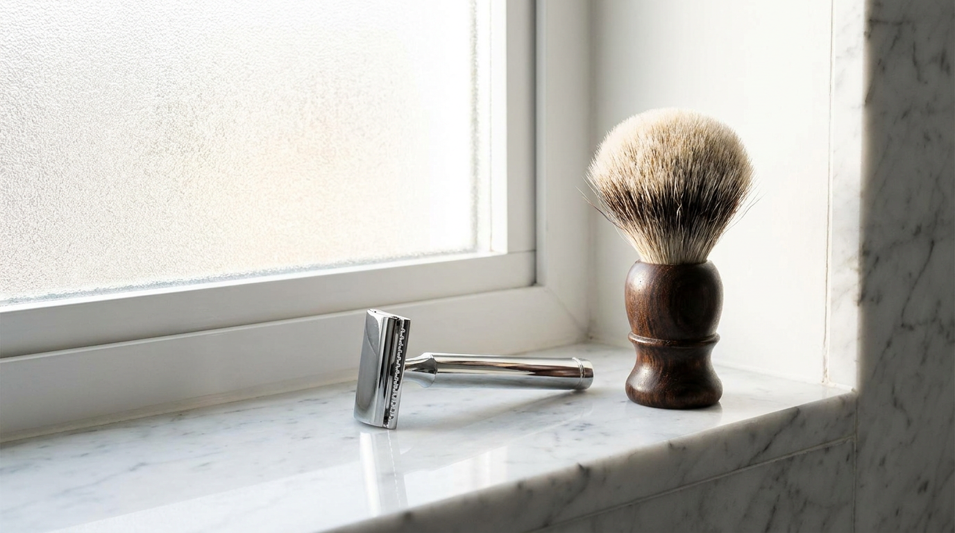 polished single edge safety razor beside a shaving brush