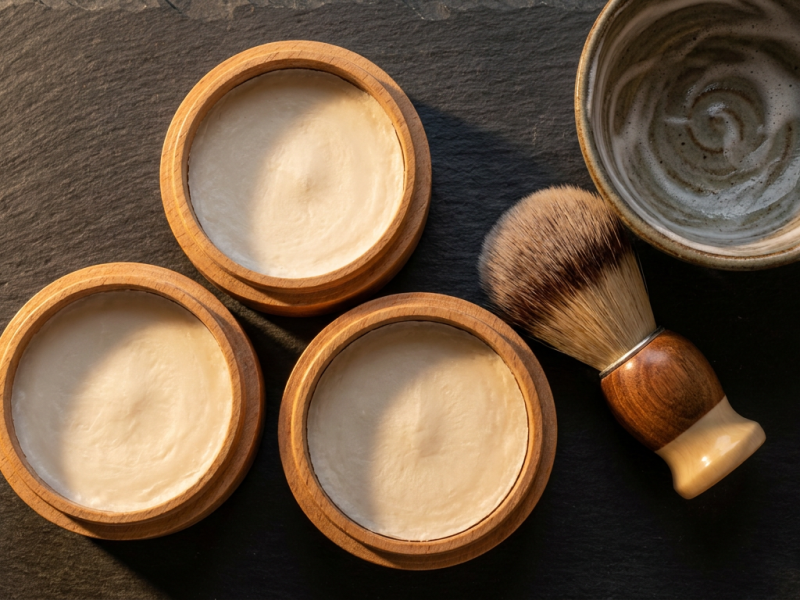 Plain unmarked wooden shaving soap tubs with a synthetic brush and lather bowl for a Stirling Soap Co review