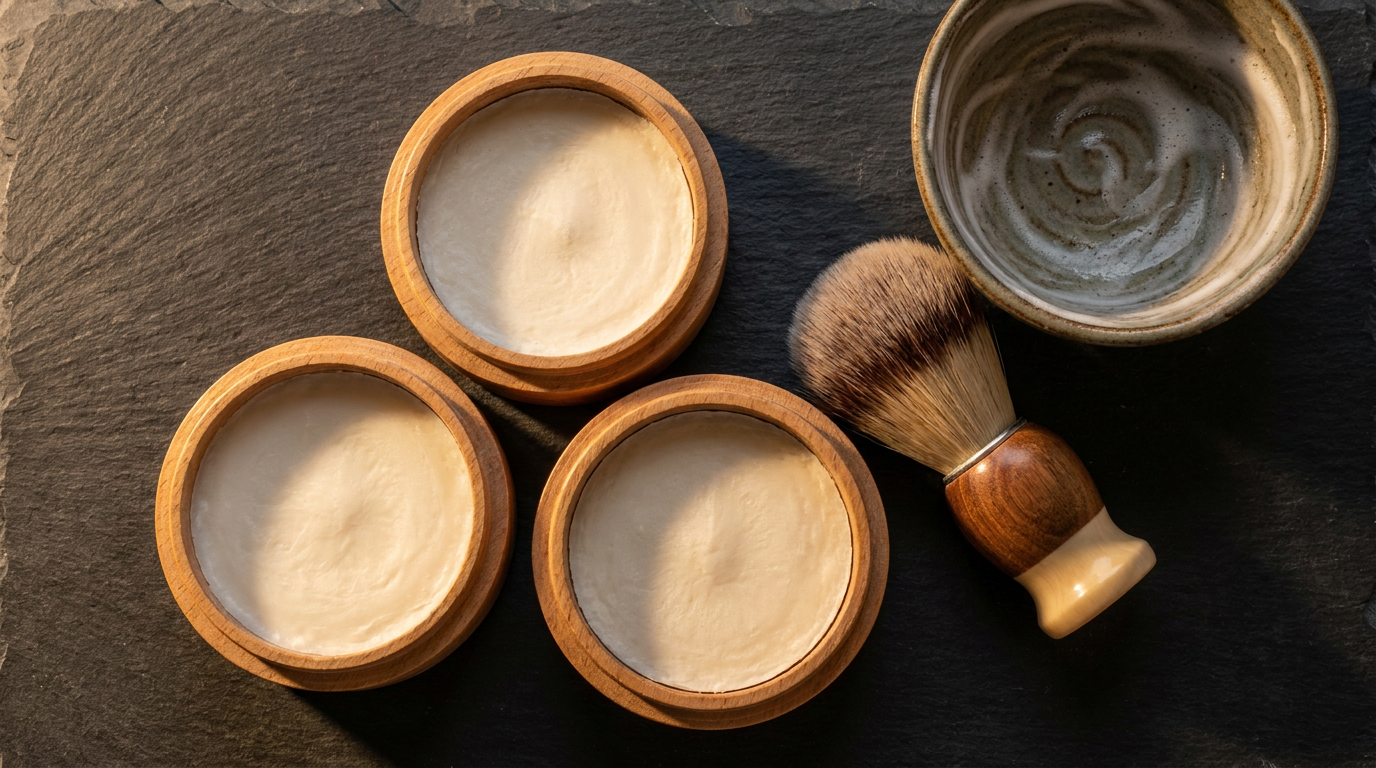 Plain unmarked wooden shaving soap tubs with a synthetic brush and lather bowl for a Stirling Soap Co review