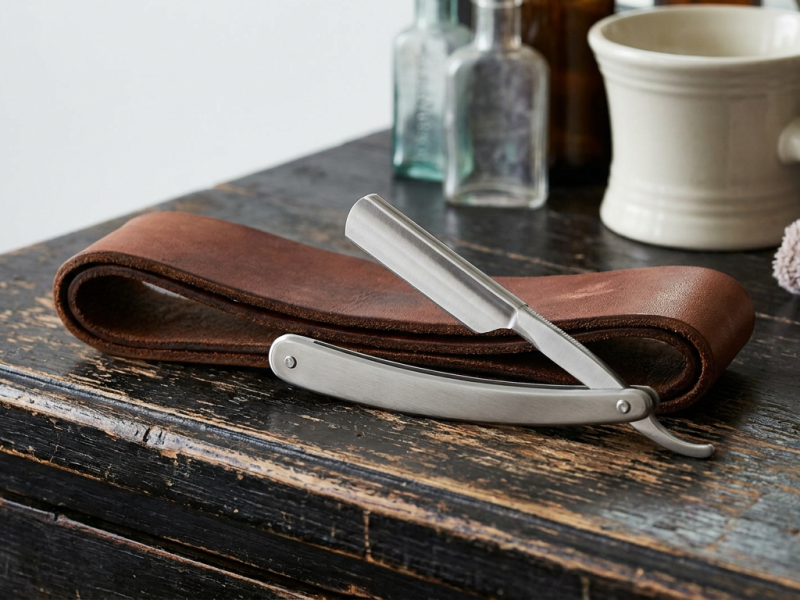 Straight razor blades: open shavette with replaceable blade beside a leather strop