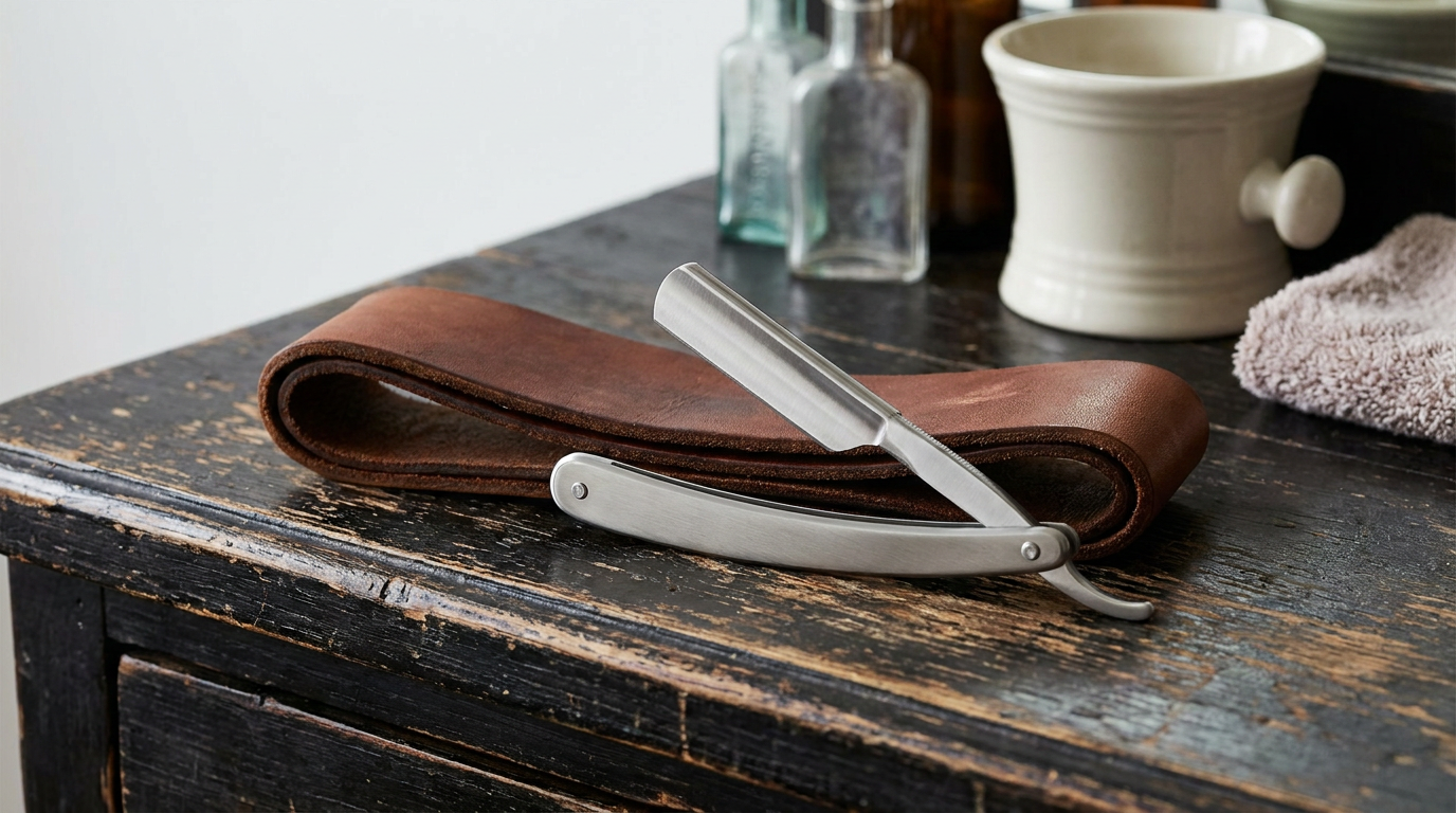 Straight razor blades: open shavette with replaceable blade beside a leather strop