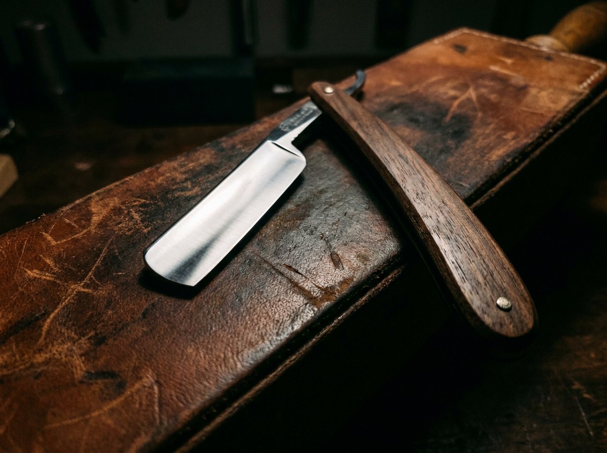A straight razor resting on a worn leather strop
