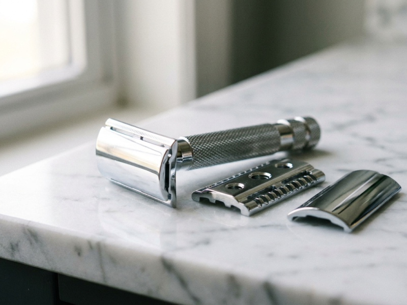 Van der Hagen safety razor disassembled into handle, base plate and top cap on a bathroom counter