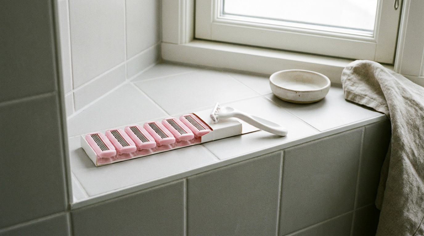 Venus razor blade refills beside a white Venus handle