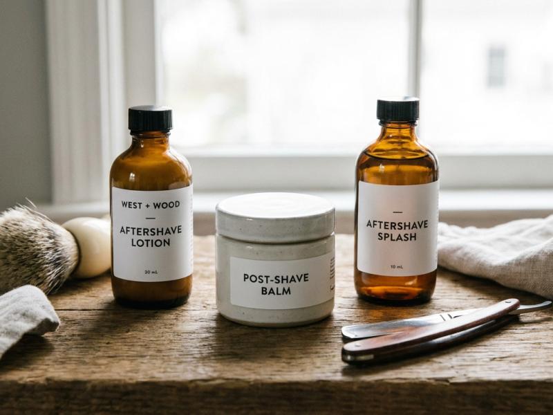 After shave lotion bottle beside aftershave balm and splash on a wet shaving counter