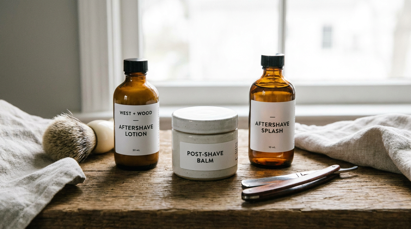 After shave lotion bottle beside aftershave balm and splash on a wet shaving counter