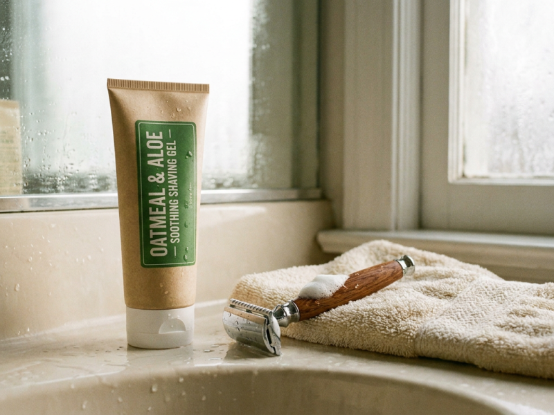 Aveeno therapeutic shave gel tube with colloidal oatmeal shaving formula on bathroom counter