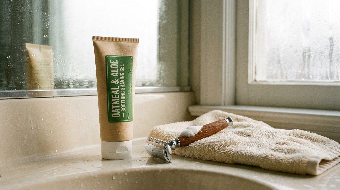 Aveeno therapeutic shave gel tube with colloidal oatmeal shaving formula on bathroom counter