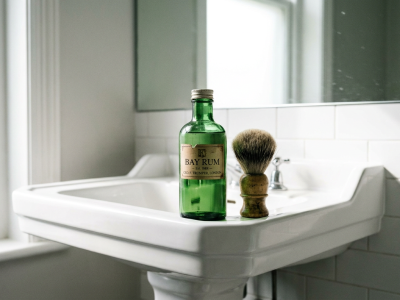 clubman pinaud aftershave bottle on a barbershop sink with a shaving brush