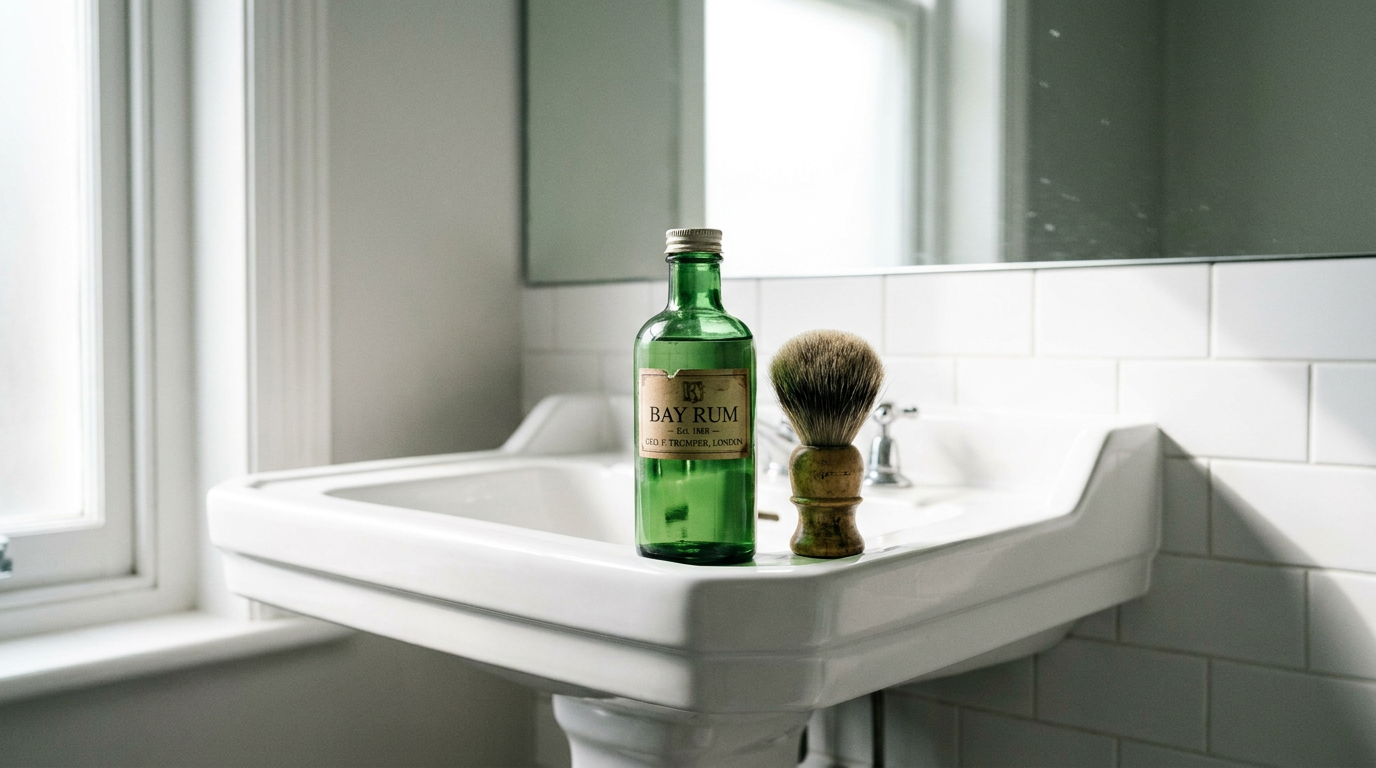 clubman pinaud aftershave bottle on a barbershop sink with a shaving brush